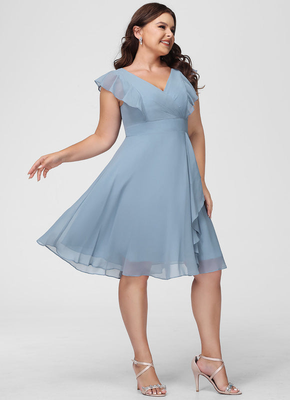 Robe Pastel Bleu Col V Mousseline Volants - gallery 7