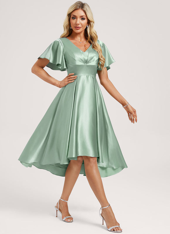 Robe Pastel Vert Satin Volants Asymétrique - gallery 2