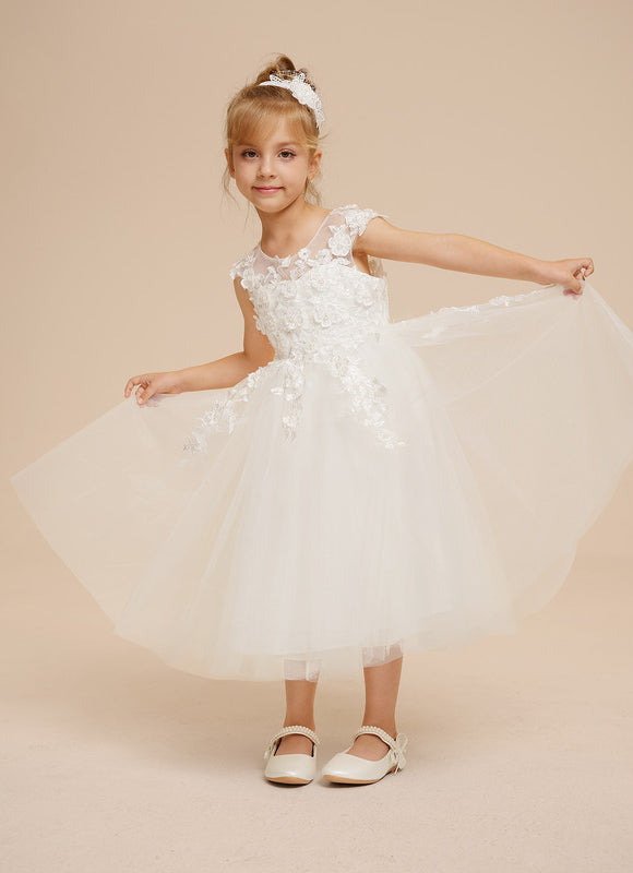 Robe Pastel Blanche En Tulle Fille Mariage - gallery 9