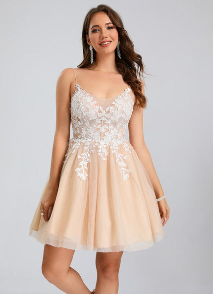 Robe Pastel Rose Col V Tulle Dentelle