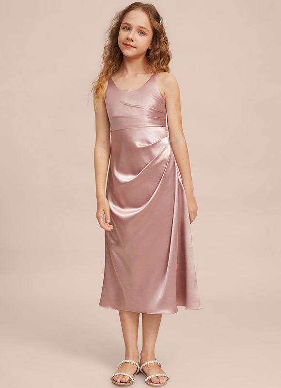 Robe Pastel Rose Satin Longueur Mollet - gallery 4