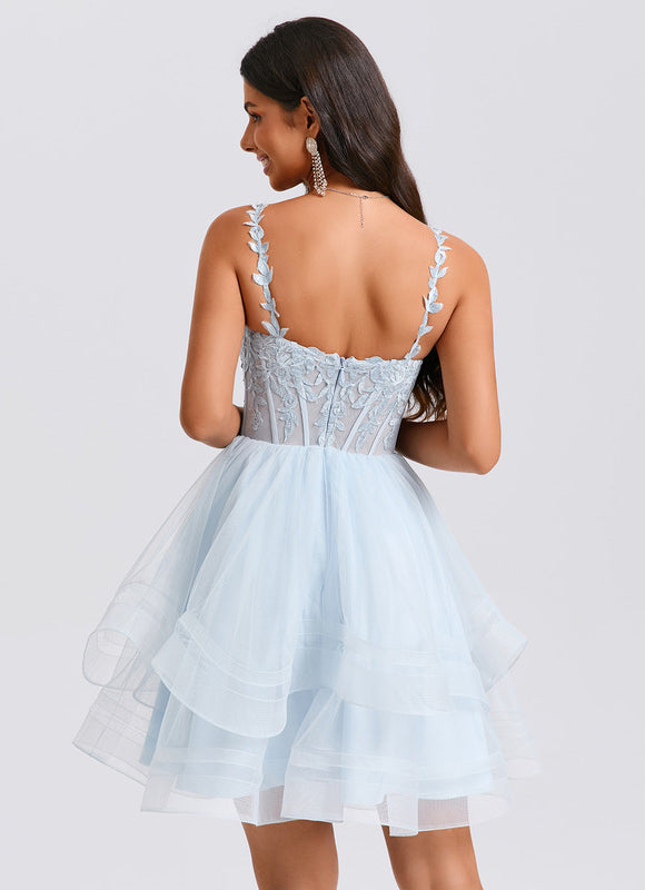 Robe Pastel Bleu Court En Tulle Paillettes - gallery 6
