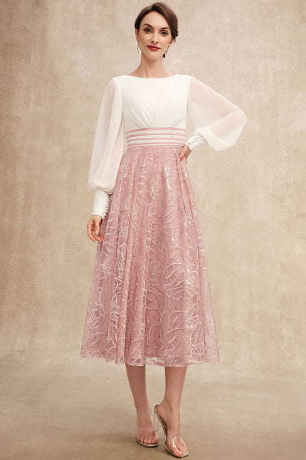 Robe Pastel Rose Longueur Mollet Dentelle - gallery 2