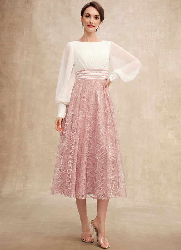 Robe Pastel Rose Longueur Mollet Dentelle - gallery 2