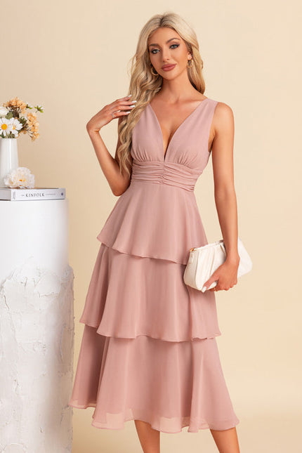 Robe Pastel Rose Col V Trapèze Midi - gallery 5