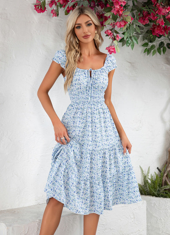 Robe Pastel Bleu Fleurs Volants Midi - gallery 3