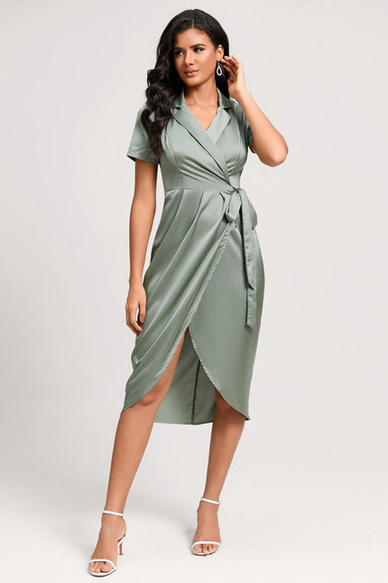 Robe Pastel Vert Col V Satin - gallery 3