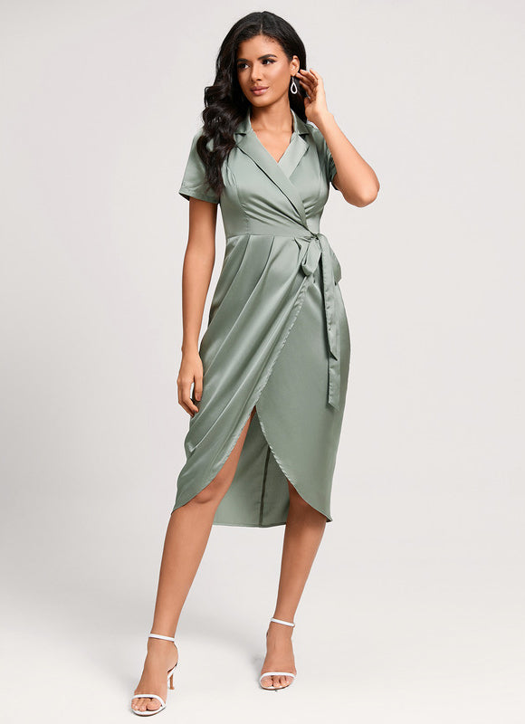 Robe Pastel Vert Col V Satin - gallery 3