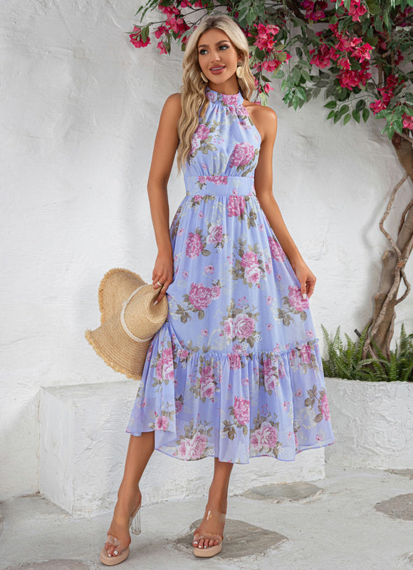 Robe Pastel Bleu Fleuri À Volants - gallery 1