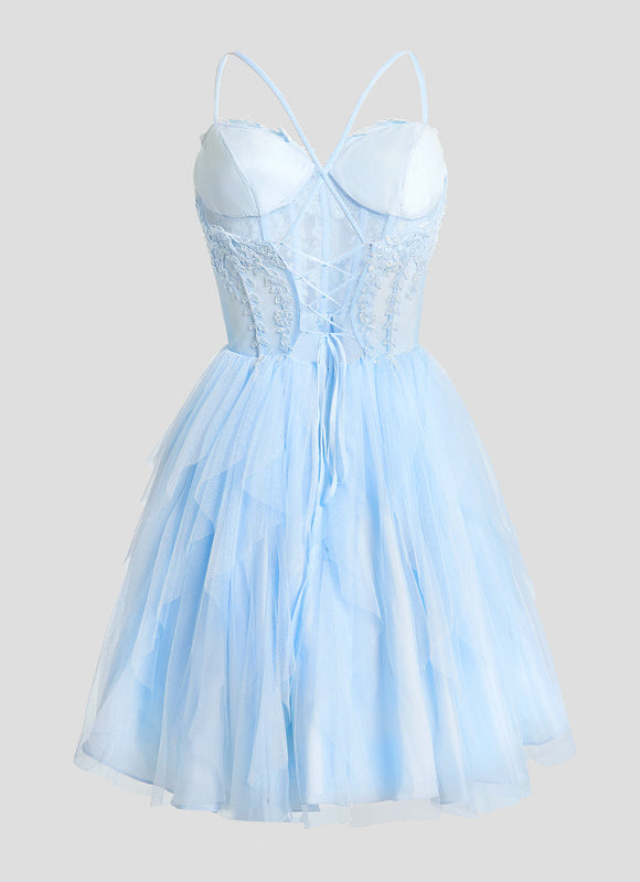 Robe Pastel Bleu Ciel Col Cœur Volants - gallery 6