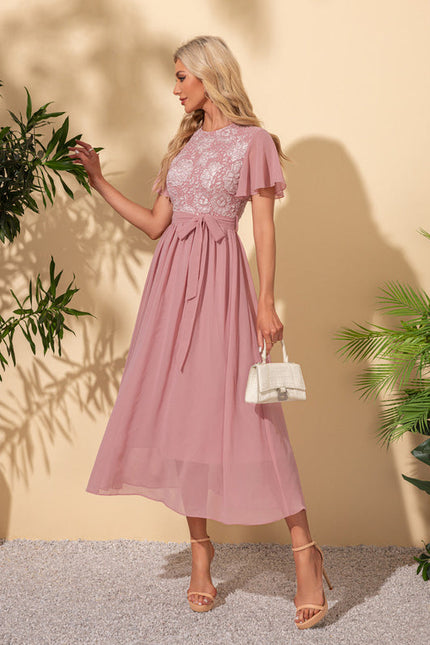 Robe Pastel Rose Col Rond Trapèze Midi - gallery 3