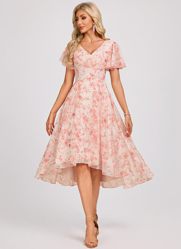 Robe Pastel Bleu Asymétrique Col V Volants - gallery 2