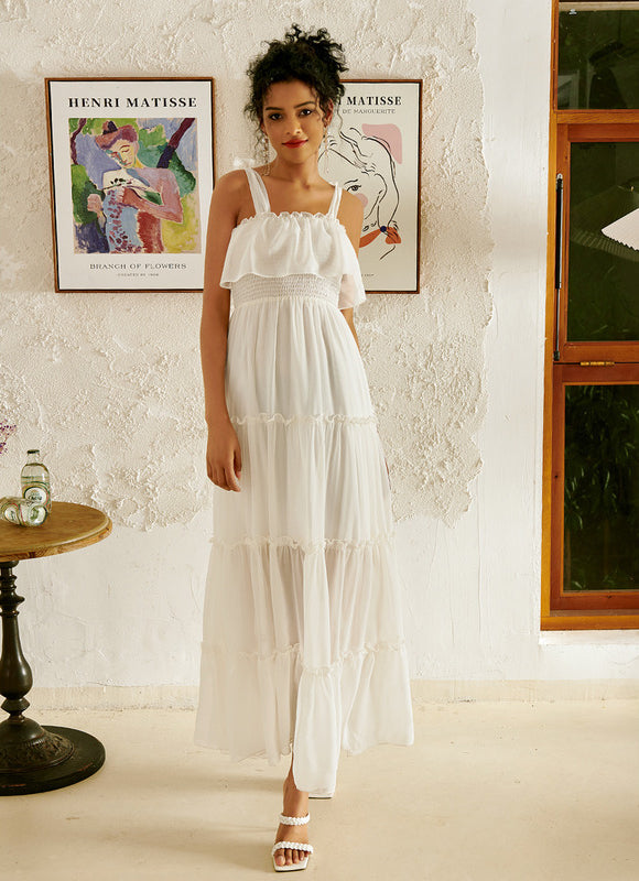 Robe Pastel Blanche Maxi Trapèze Mousseline - gallery 1