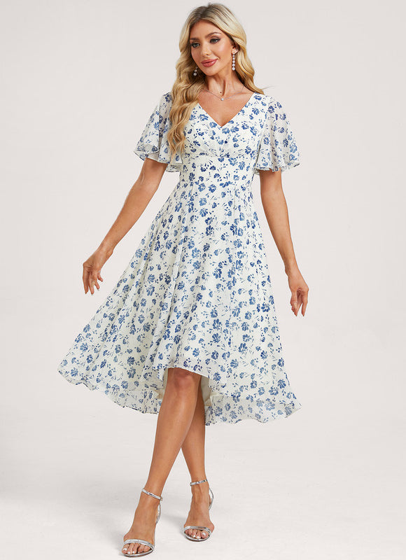 Robe Pastel Bleu Asymétrique Col V Volants - gallery 2