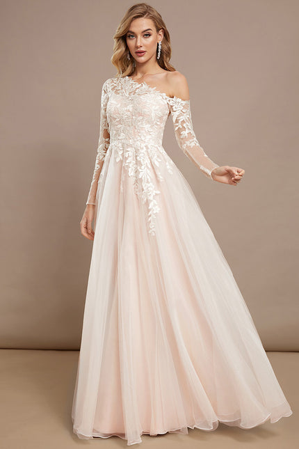 Robe Pastel Rose Col Asymétrique Tulle Dentelle - gallery 2