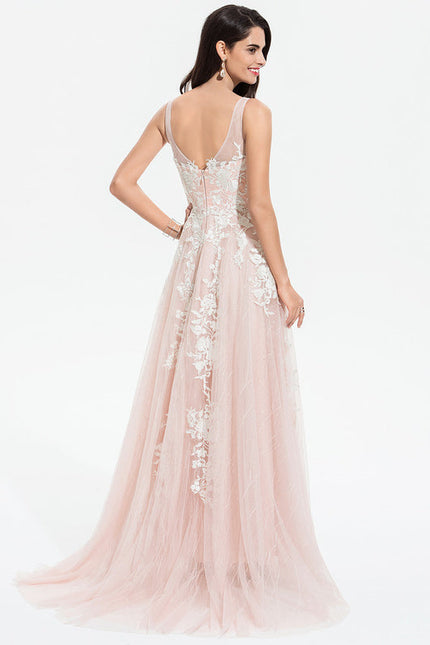 Robe Pastel Rose Traîne En Tulle - gallery 1