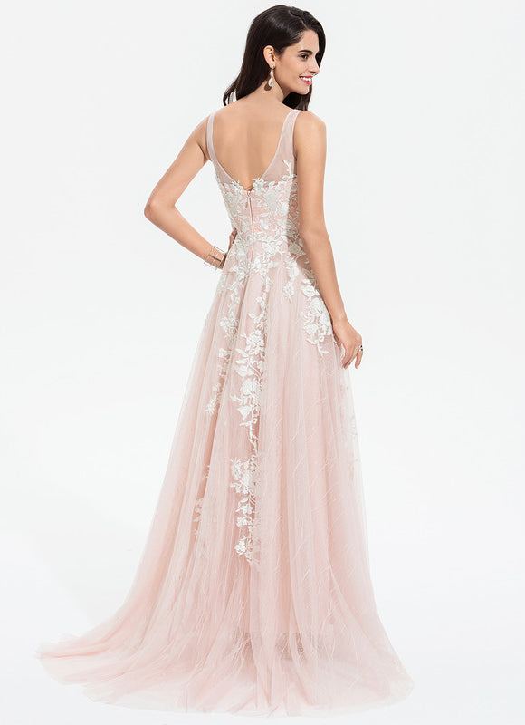 Robe Pastel Rose Traîne En Tulle - gallery 1