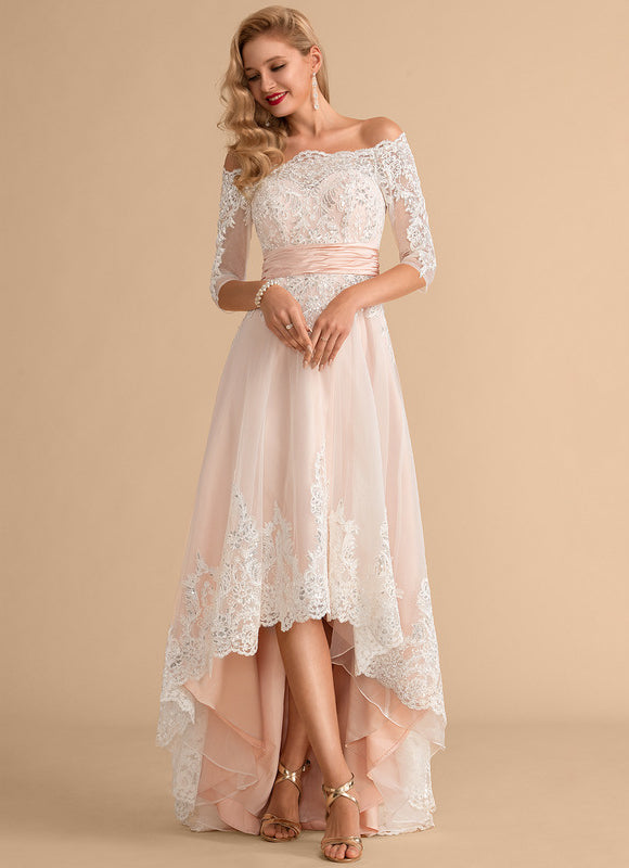 Robe Pastel Saumon Asymétrique Dentelle Chic - gallery 4