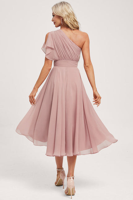 Robe Pastel Rose Décolleté Asymétrique Volants - gallery 4