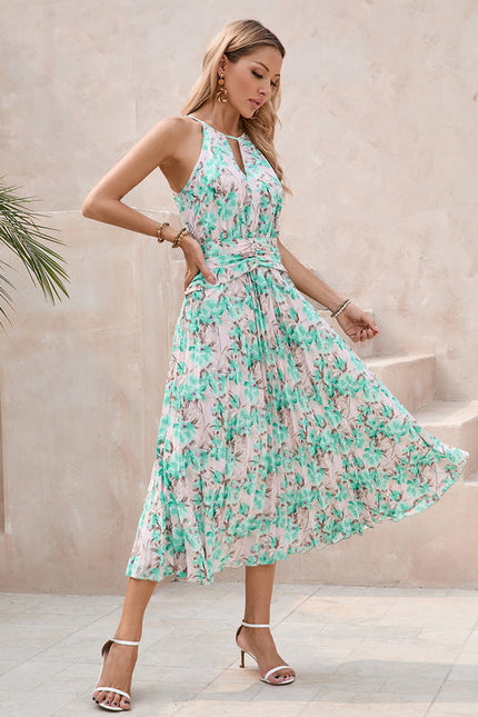 Robe Pastel Verte Imprimée Fleuri Midi - gallery 2