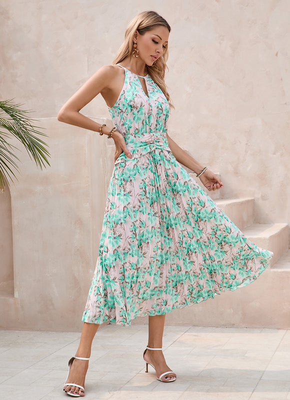 Robe Pastel Verte Imprimée Fleuri Midi - gallery 2