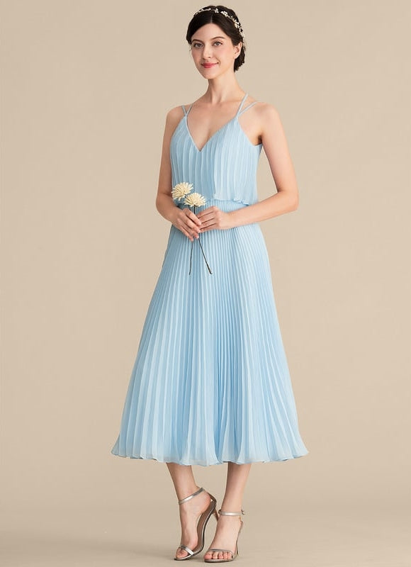 Robe Pastel Bleu Col V Trapèze Plissée - gallery 4