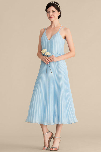 Robe Pastel Bleu Col V Plissée Mollet - gallery 1