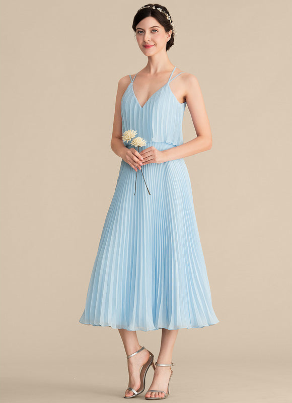 Robe Pastel Bleu Col V Plissée Mollet - gallery 1