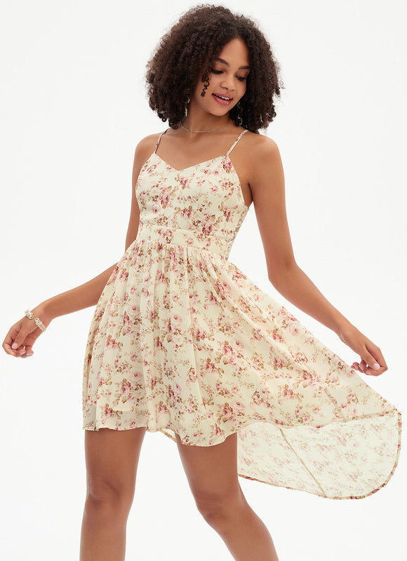 Robe Pastel Fleurie Beige Col V Asymétrique - gallery 5