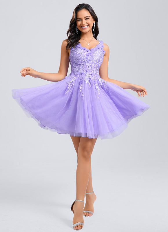Robe Pastel Lavande Col V Dentelle Tulle - gallery 5