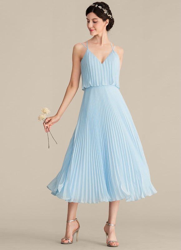 Robe Pastel Bleu Col V Trapèze Plissée - gallery 1