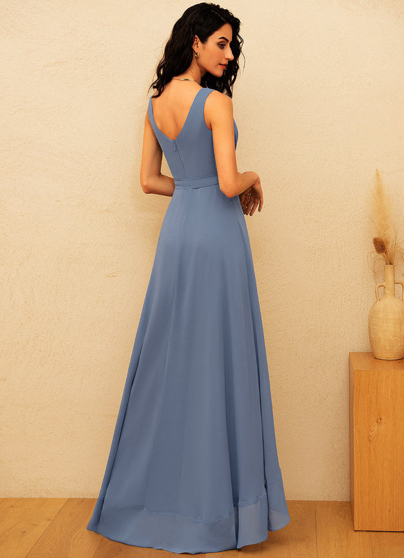Robe Pastel Bleu Trapèze Col V Asymétrique - gallery 3