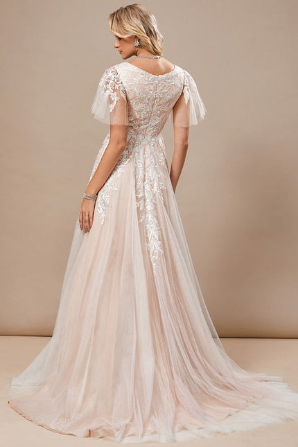 Robe Pastel Rose Traîne Tulle Dentelle - gallery 5