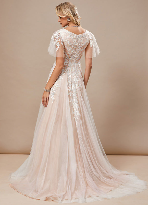 Robe Pastel Rose Traîne Tulle Dentelle - gallery 5