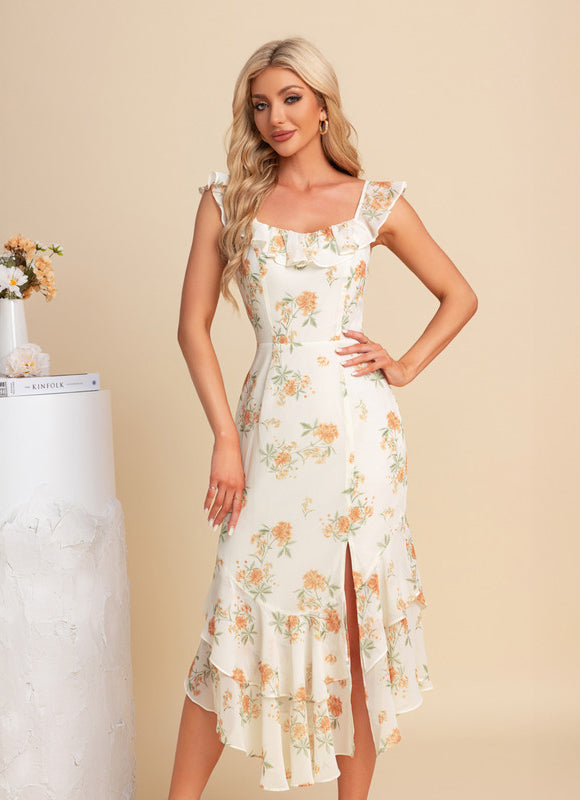 Robe Pastel Floral Crème Col Cœur Midi - gallery 4