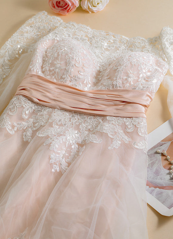 Robe Pastel Saumon Asymétrique Dentelle Chic - gallery 3
