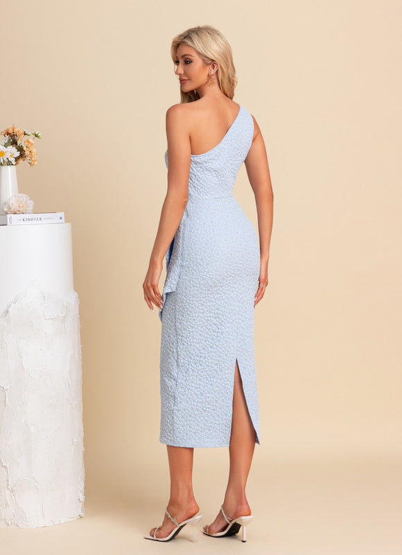 Robe Pastel Bleu Décolleté Asymétrique Midi - gallery 2