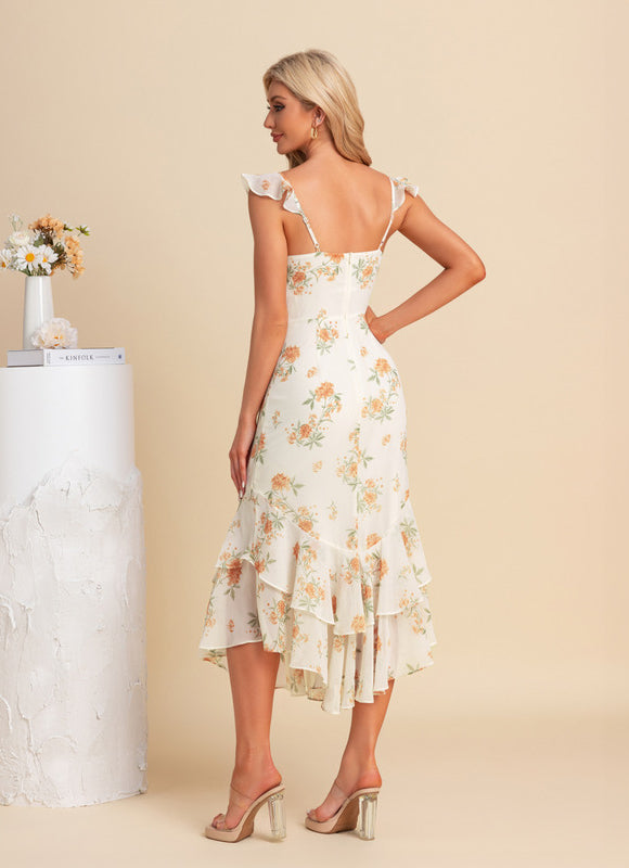 Robe Pastel Floral Crème Col Cœur Midi - gallery 1