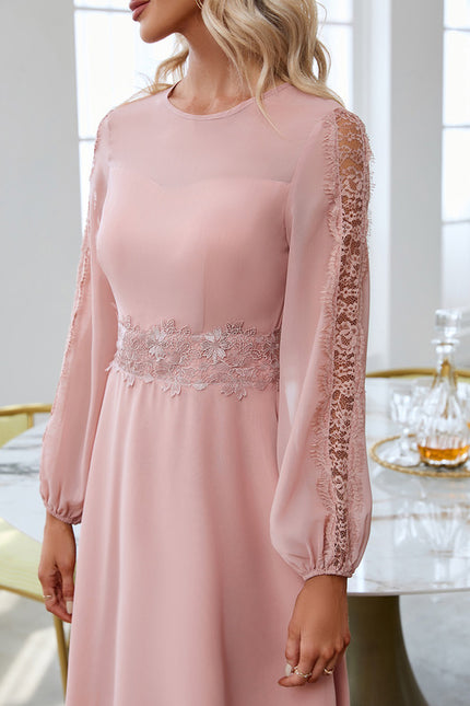 Robe Pastel Rose Col Rond Dentelle Midi - gallery 4