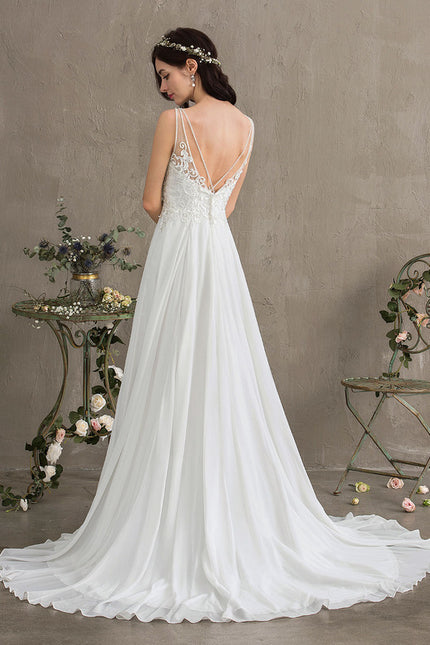 Robe Pastel Blanche Traîne Balayage Dentelle