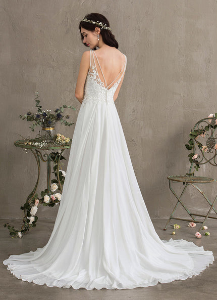 Robe Pastel Blanche Traîne Balayage Dentelle