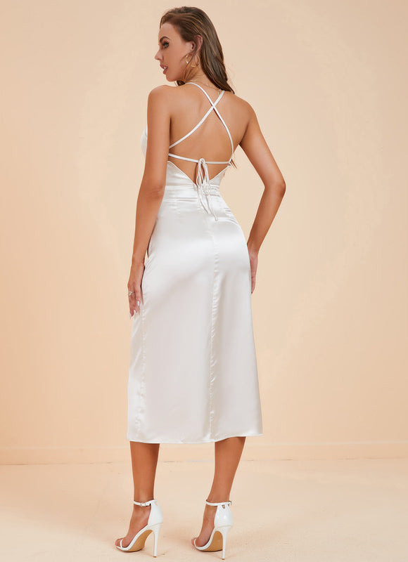Robe Pastel Satin Ivoire Midi Ajustée - gallery 2