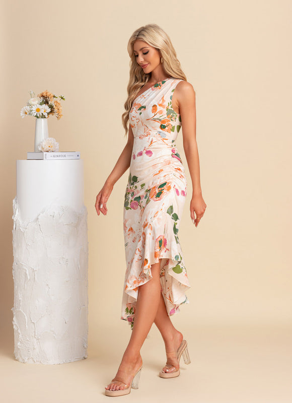 Robe Pastel Fleurie Décolleté Asymétrique Crème - gallery 1