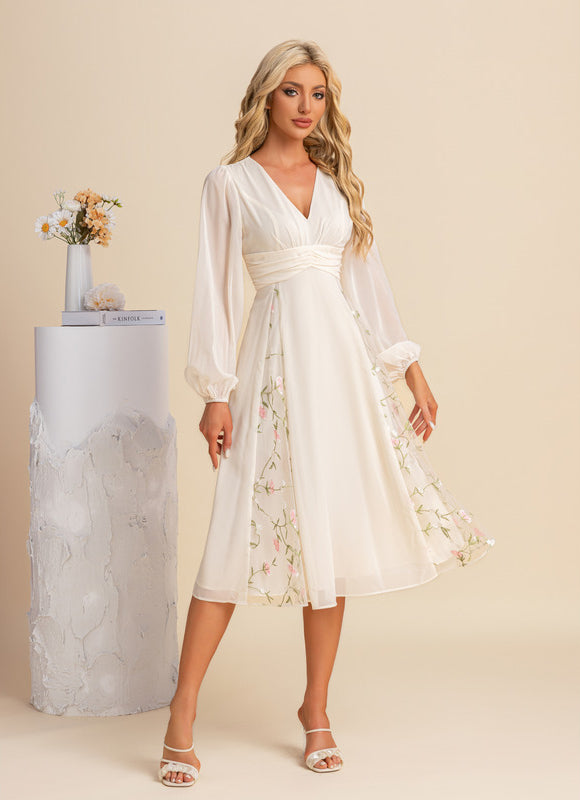Robe Pastel Blanche Plissée Midi Élégante - gallery 4