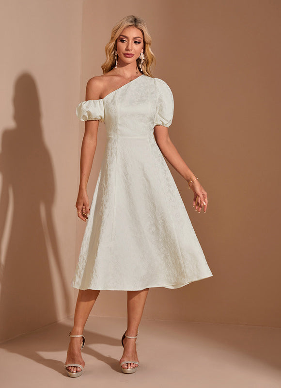 Robe Pastel Crème Décolleté Asymétrique Midi - gallery 4