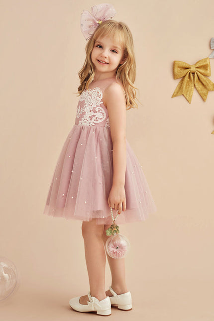 Robe Pastel Rose Trapèze Dentelle Mariage Fille - gallery 4