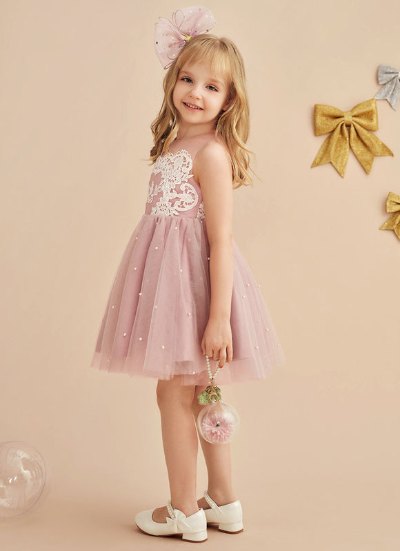 Robe Pastel Rose Trapèze Dentelle Mariage Fille - gallery 4