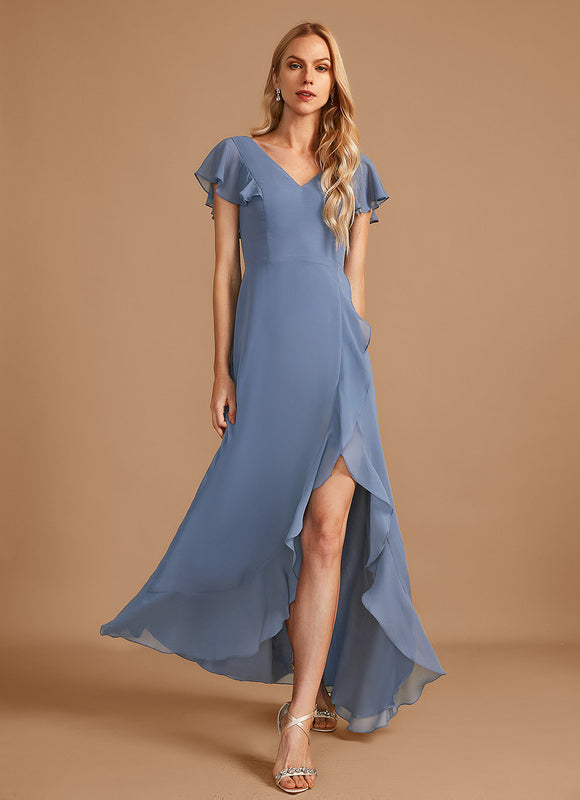 Robe Pastel Bleu Asymétrique Col V Volants - gallery 1