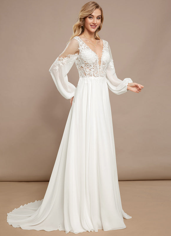 Robe Pastel Blanche Col V Traîne Dentelle - gallery 1