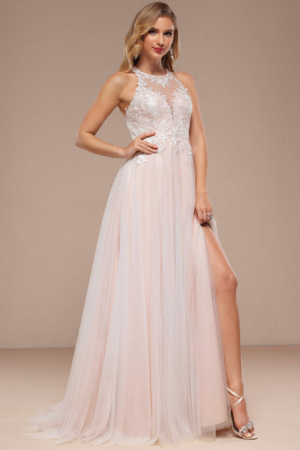 Robe Pastel Rose Traîne Dentelle Paillettes